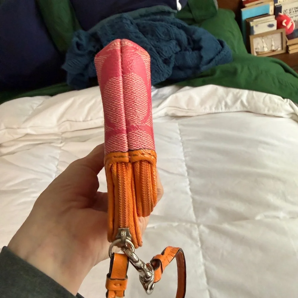 Coach Signature Stripe Double Zip Wristlet | Orange and Pink - Picture 10 of 15
